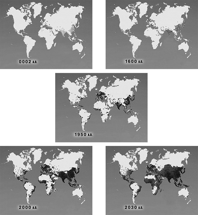 Figura 3.2 Crecimiento y distribución geográfica de la población humana durante los últimos 2,000 años. Fuente: Video “World Population” Zero Population Growth, Washington, DC. Nota: cada punto representa un millón de personas.