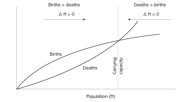 Figure 2.9 - The relation of population change to carrying capacity N = population number ?N = the change in population number ?N = [total number of births in the population] - [total number of deaths in the population] When births > deaths, then ?N>0, and the population number increases. When deaths>births, then ?N<0, and the population decreases.