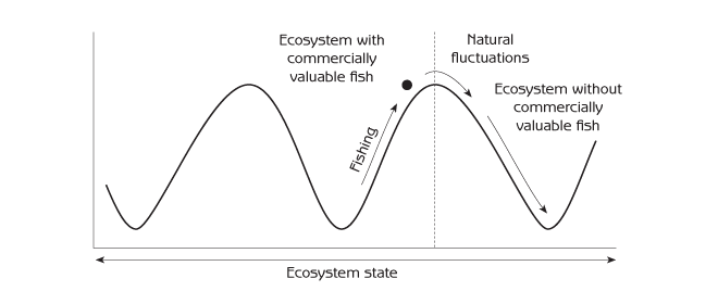 Figure 10.7 - Change from one stability domain to another when fishing is too close to the boundary between stability domains in a fisheries ecosystem with natural climatic fluctuations