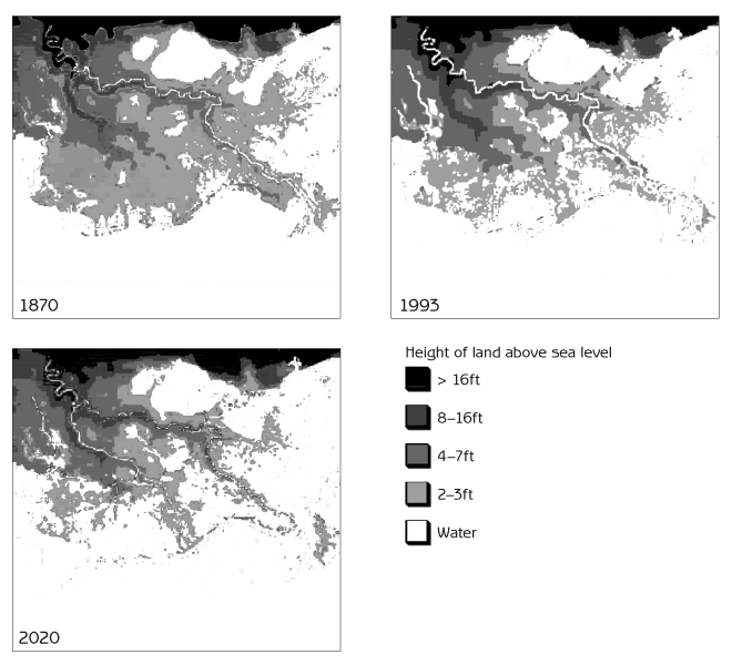 Figure 12.4 - Change in topography of Barataria- Terrebonne estuary during the past 130 years and projected 20 years into the future by a computer model Source: data from Barataria-Terrebonne National Estuary Program, Thibodaux, Louisiana