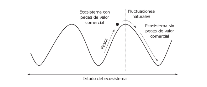 Figura 10.7 – El cambio de un estado estable a otro cuando se pesca demasiado cerca al límite de estabilidad en un ecosistema de pesquería con fluctuaciones naturales.